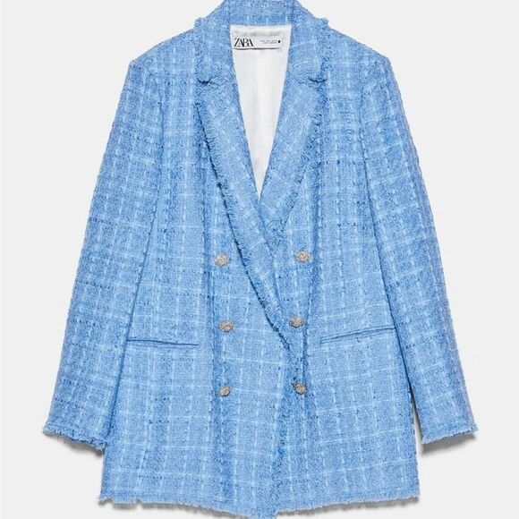 Zara M BLAZER JACKET Tweed Long sky BLUE silver crystallized buttons oversized - Picture 3 of 11